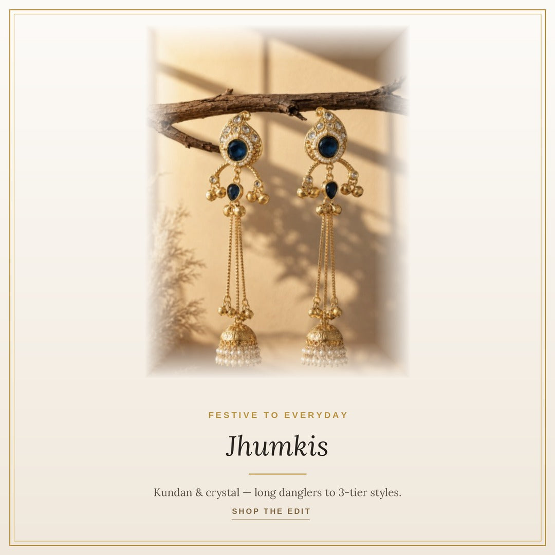 Buy Jhumka Earrings Online — Kundan, Crystal & Long Jhumkis