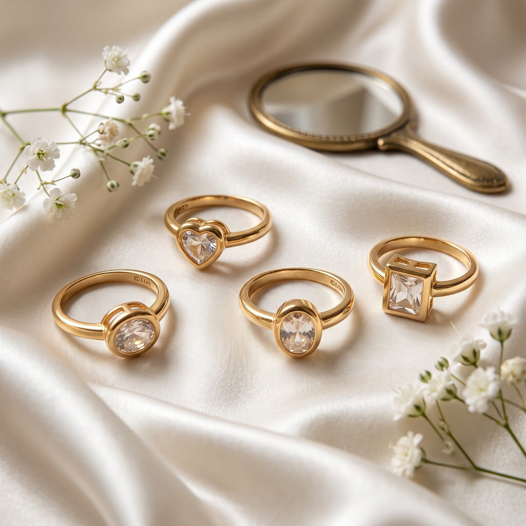 The Monolith Ring Set of 4 — four gold-tone CZ solitaire ring shapes arranged on satin