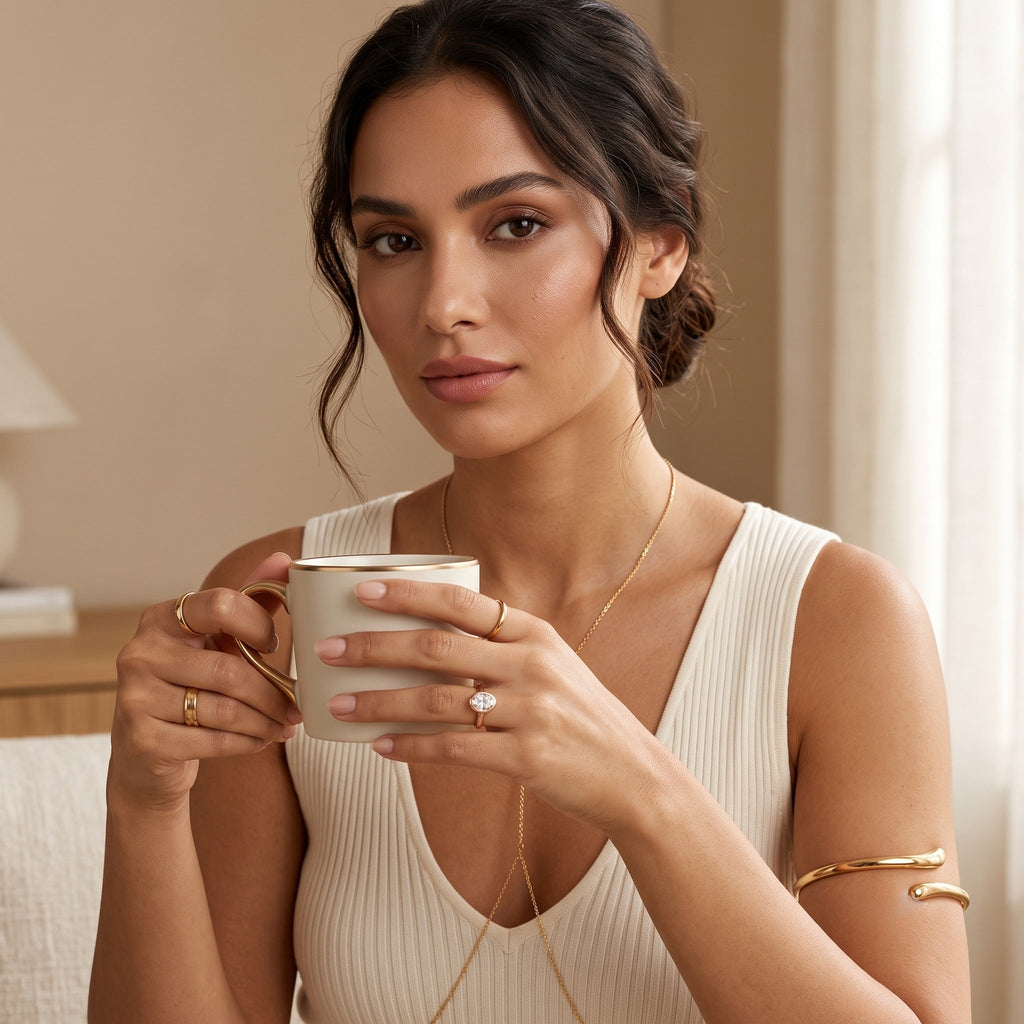 Model wearing the oval Monolith CZ solitaire ring from the Set of 4