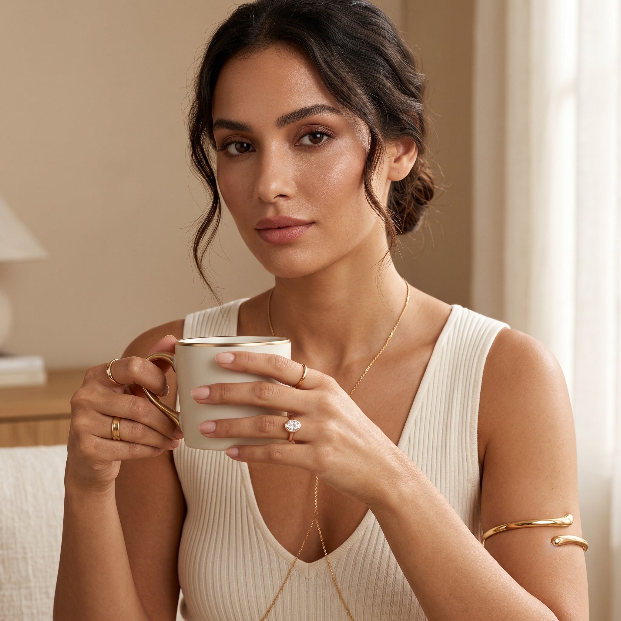Model wearing the oval Monolith CZ solitaire ring from the Set of 4