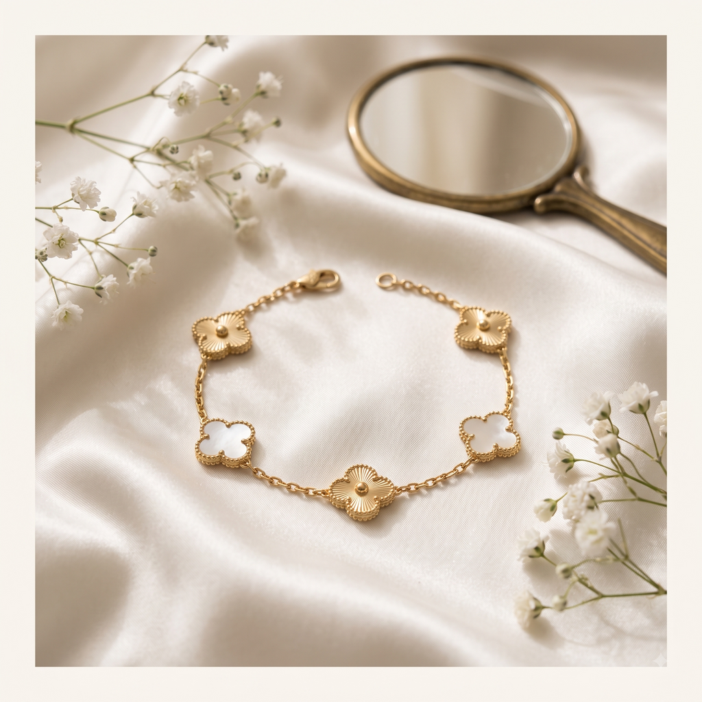 Lucky Clover Station Bracelet Set of 2 — white & gold mother-of-pearl clover bracelet styled on satin