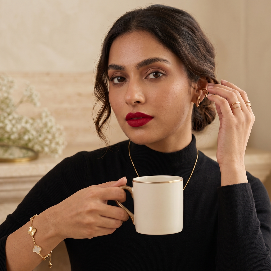Model wearing the white & gold mother-of-pearl Lucky Clover Station Bracelet