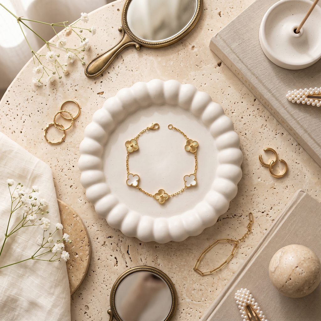 White & gold Lucky Clover Station Bracelet, styled flat lay