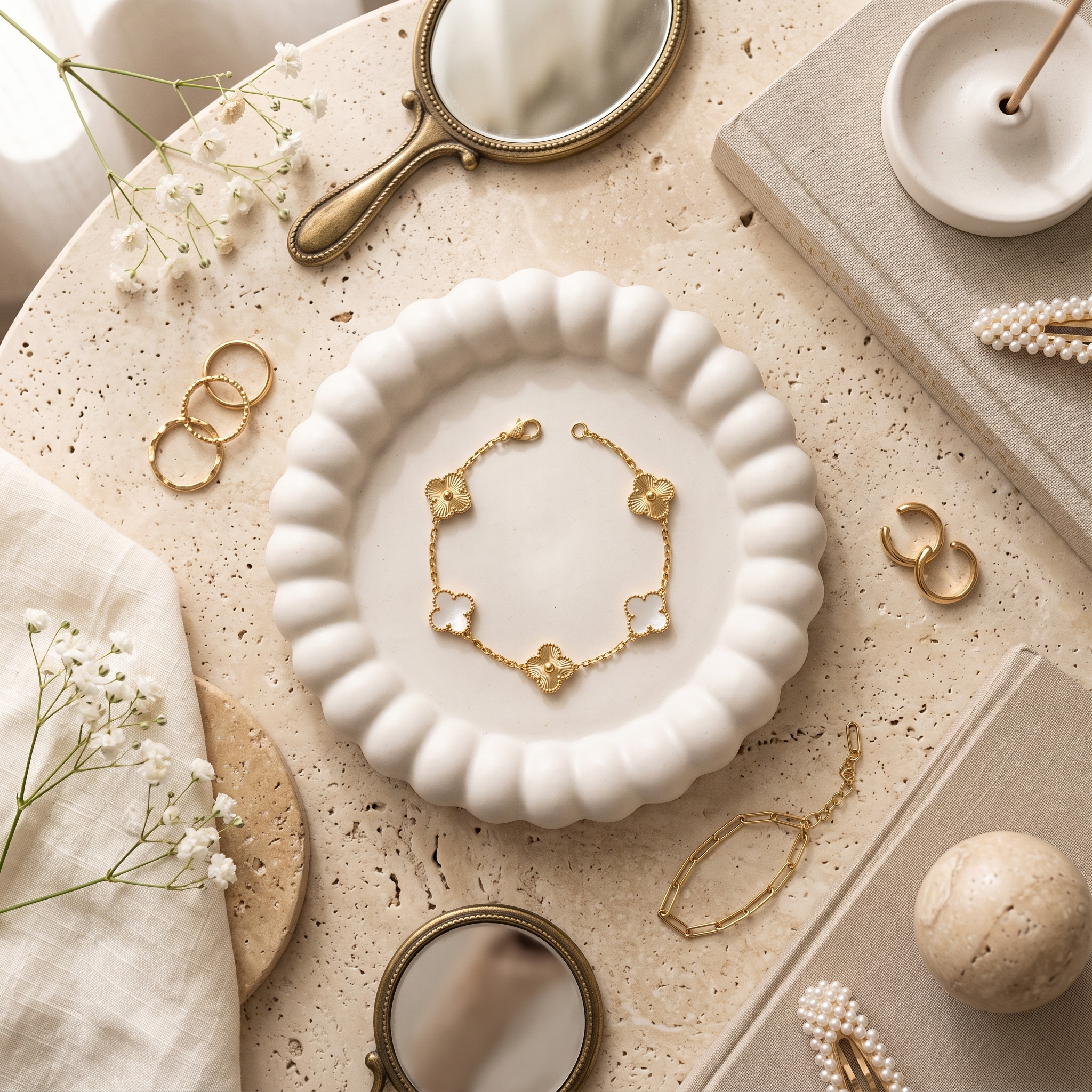 White & gold Lucky Clover Station Bracelet, styled flat lay
