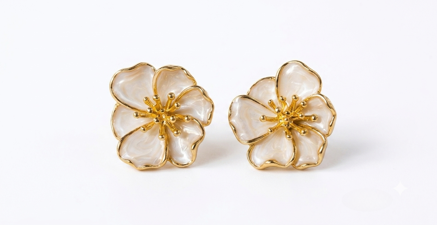 White Glossy Ivory Enamel Floral Earrings
