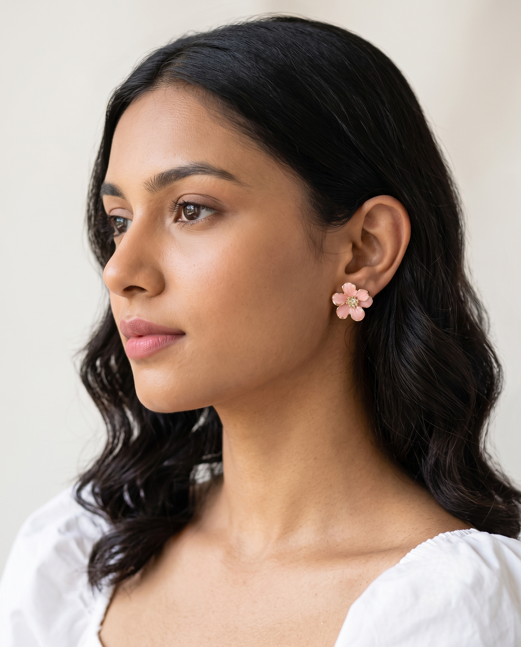 Pink Flower Enamel Stud Earrings