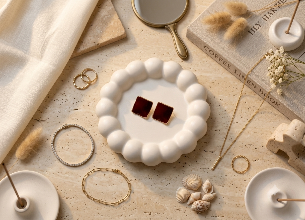 Maroon Square Enamel Stud Earrings