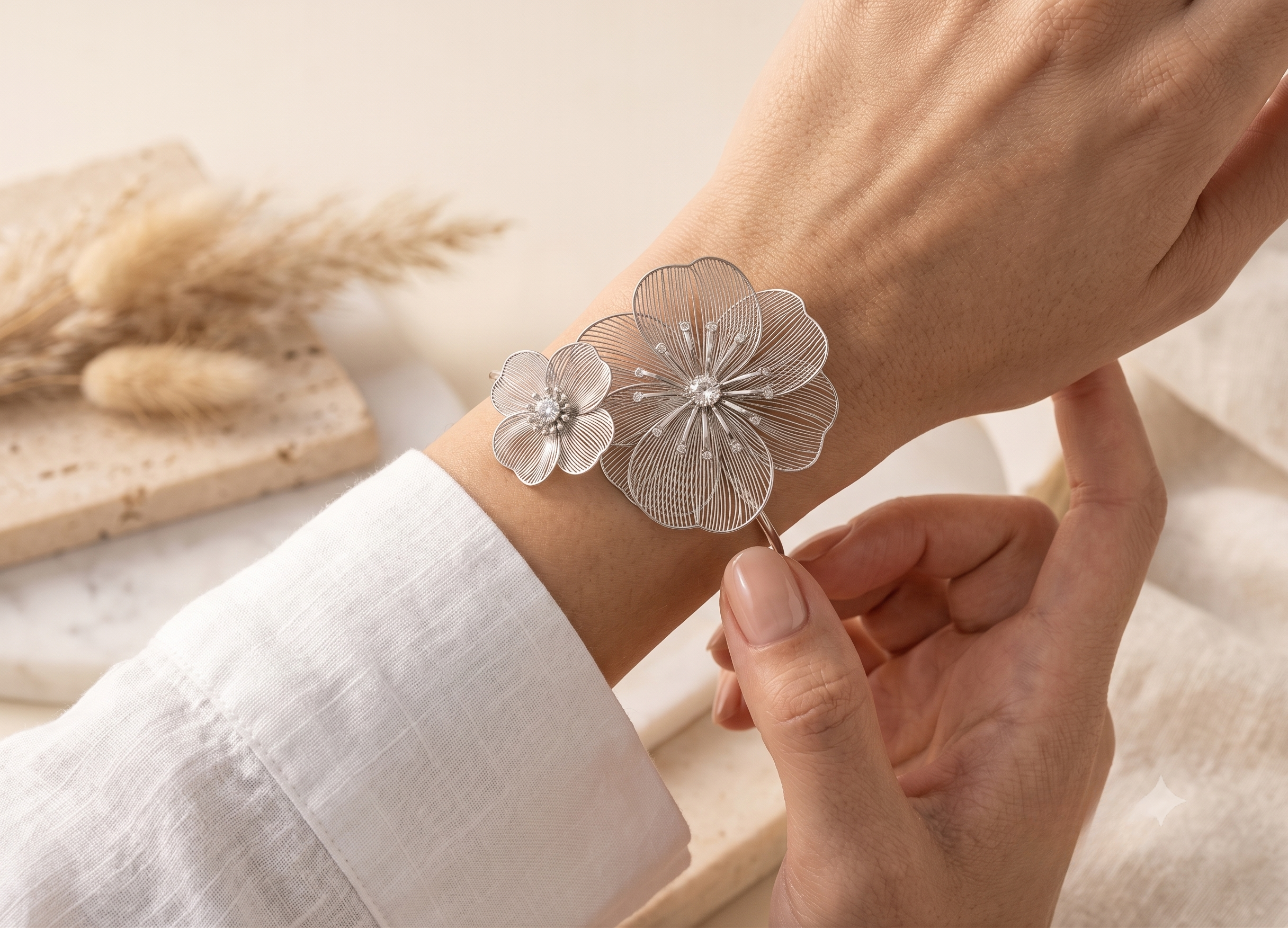 Silver Floral Metal Cuff Bracelet