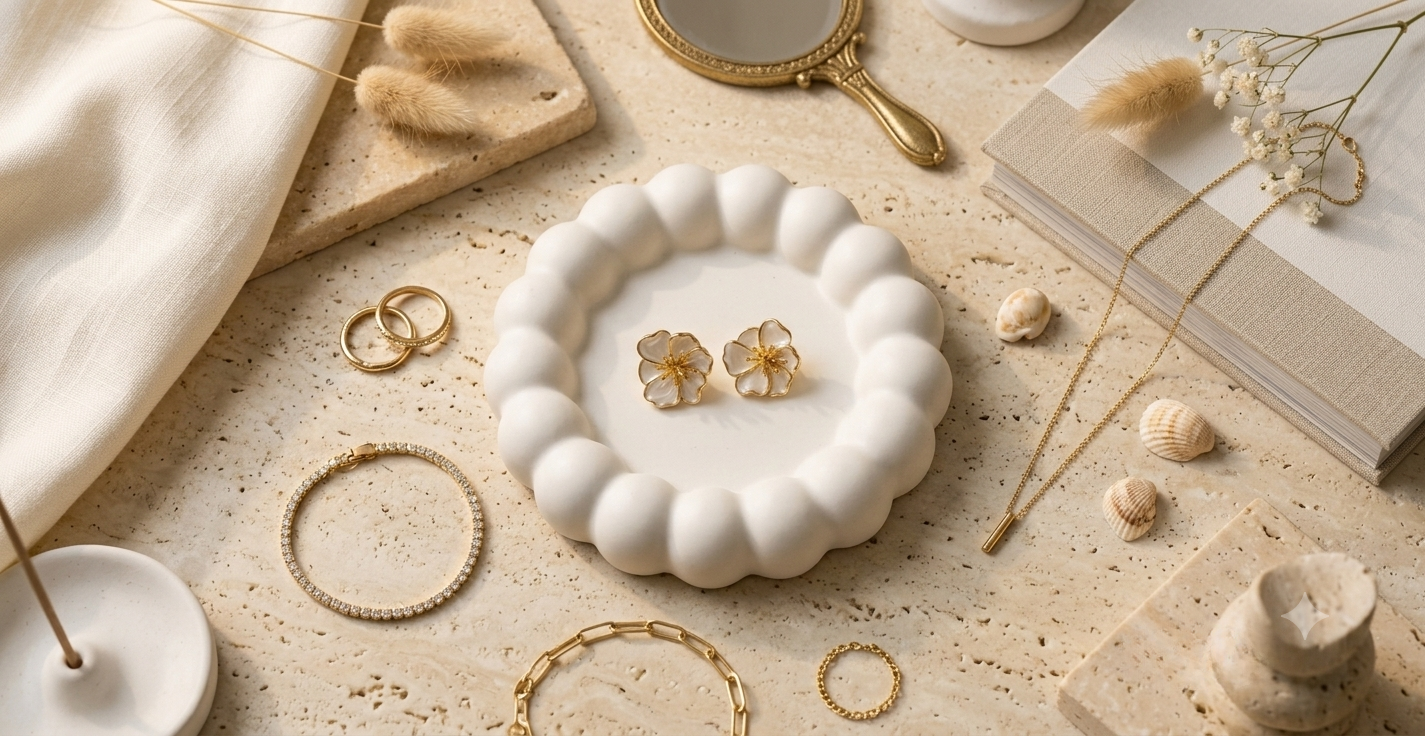 White Glossy Ivory Enamel Floral Earrings