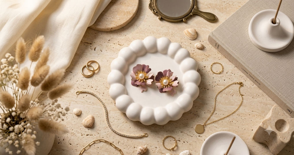 Mauve & Pink Dual Floral Pearl Earrings