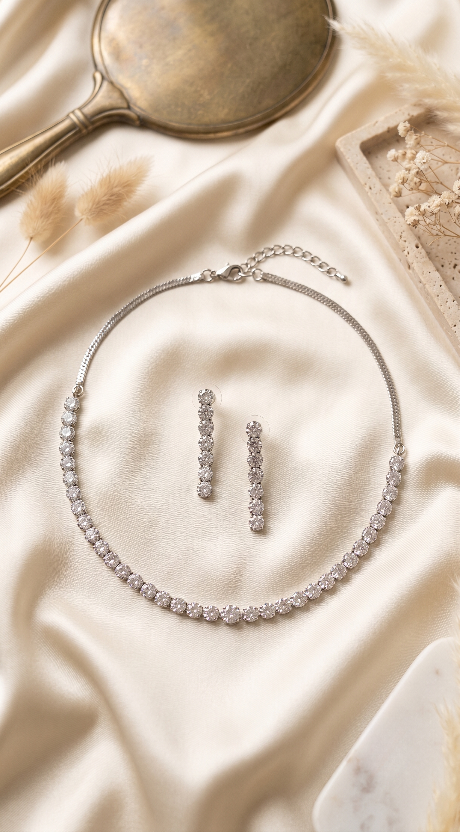 Silver CZ Choker Necklace & Earring Set