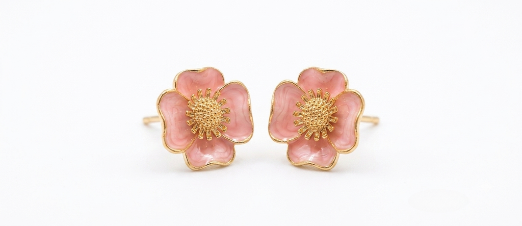 Pink Flower Enamel Stud Earrings