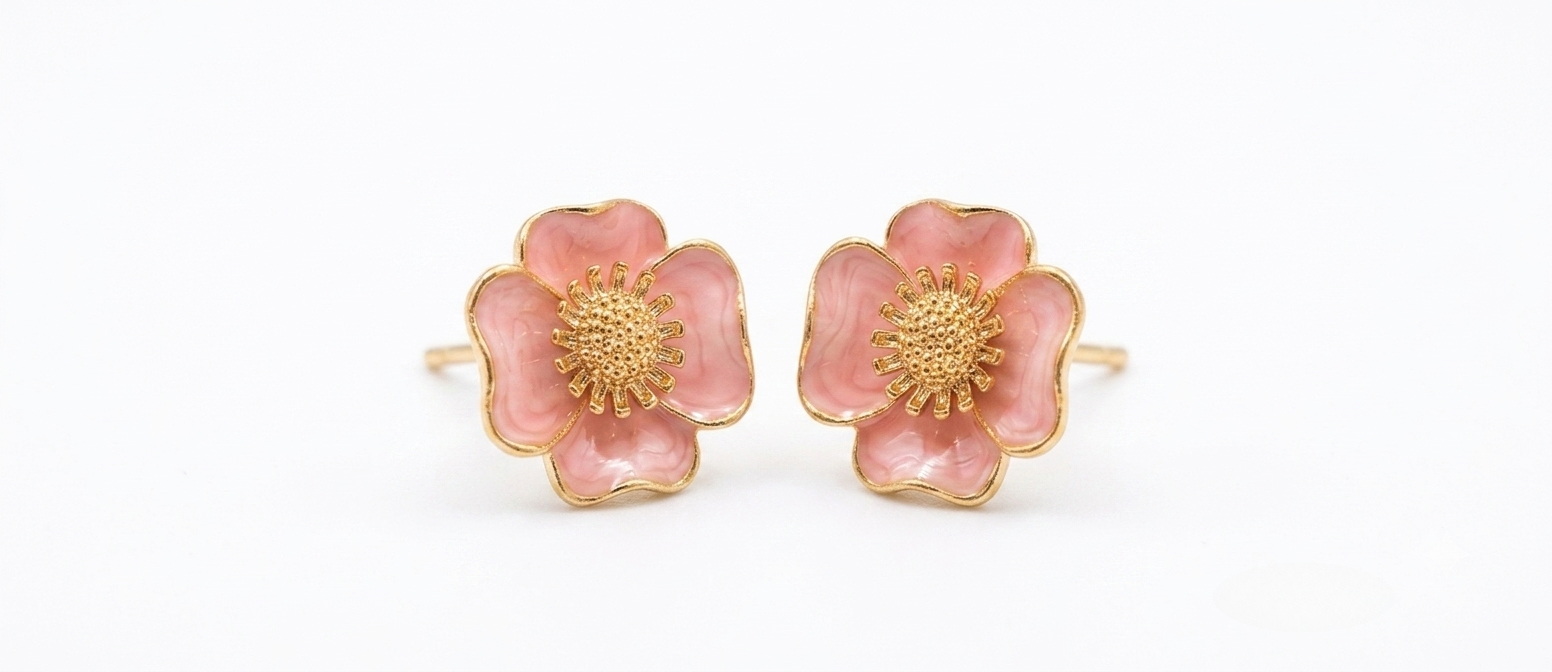 Pink Flower Enamel Stud Earrings
