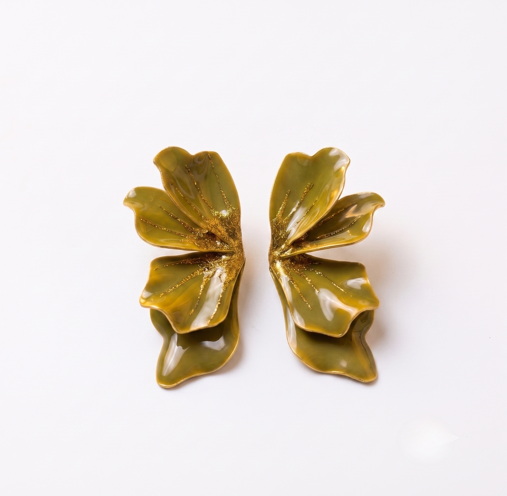 Olive Green Glitter Petal Statement Earrings