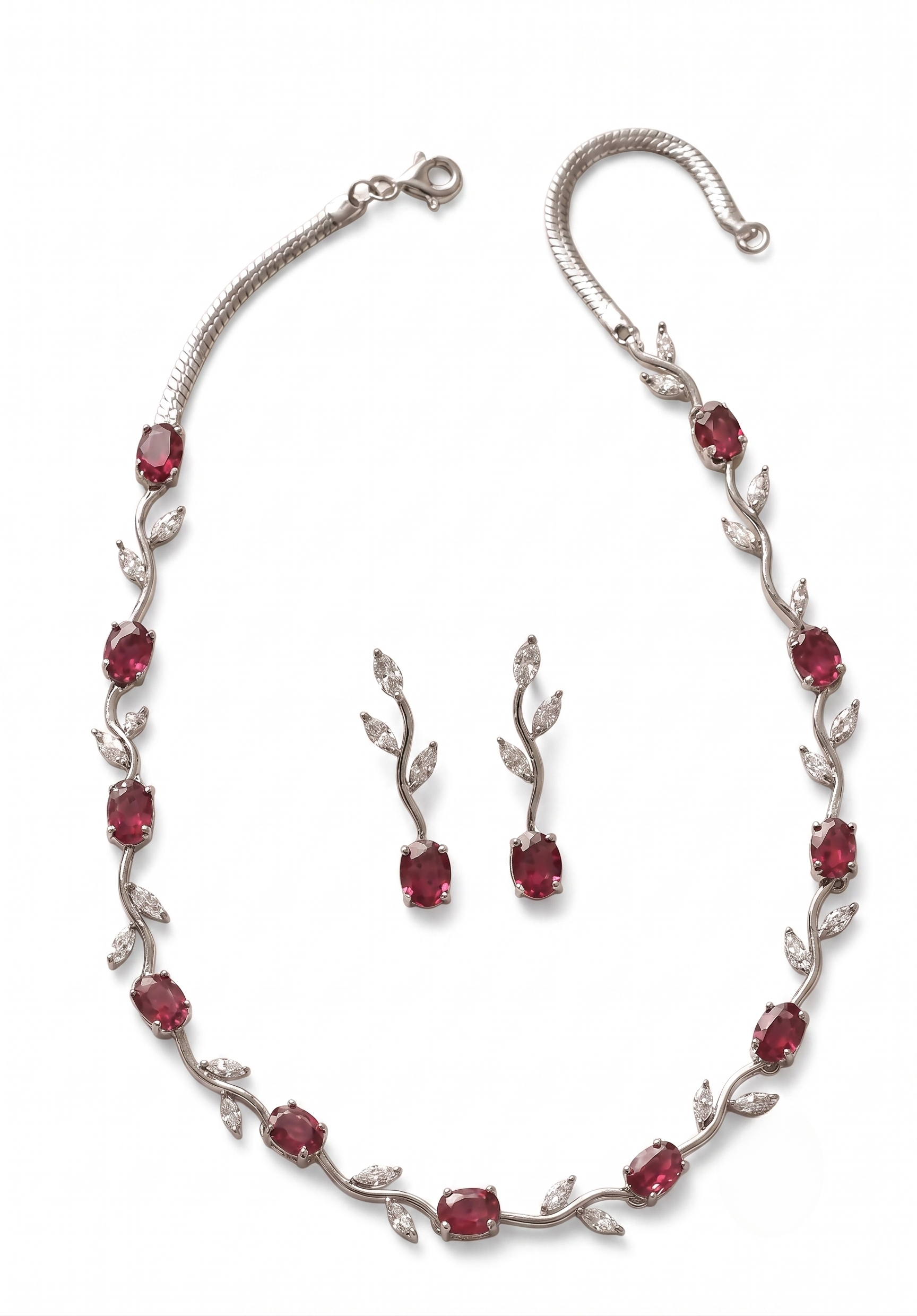 Tulip Pink Stone Silver Necklace & Earring Set