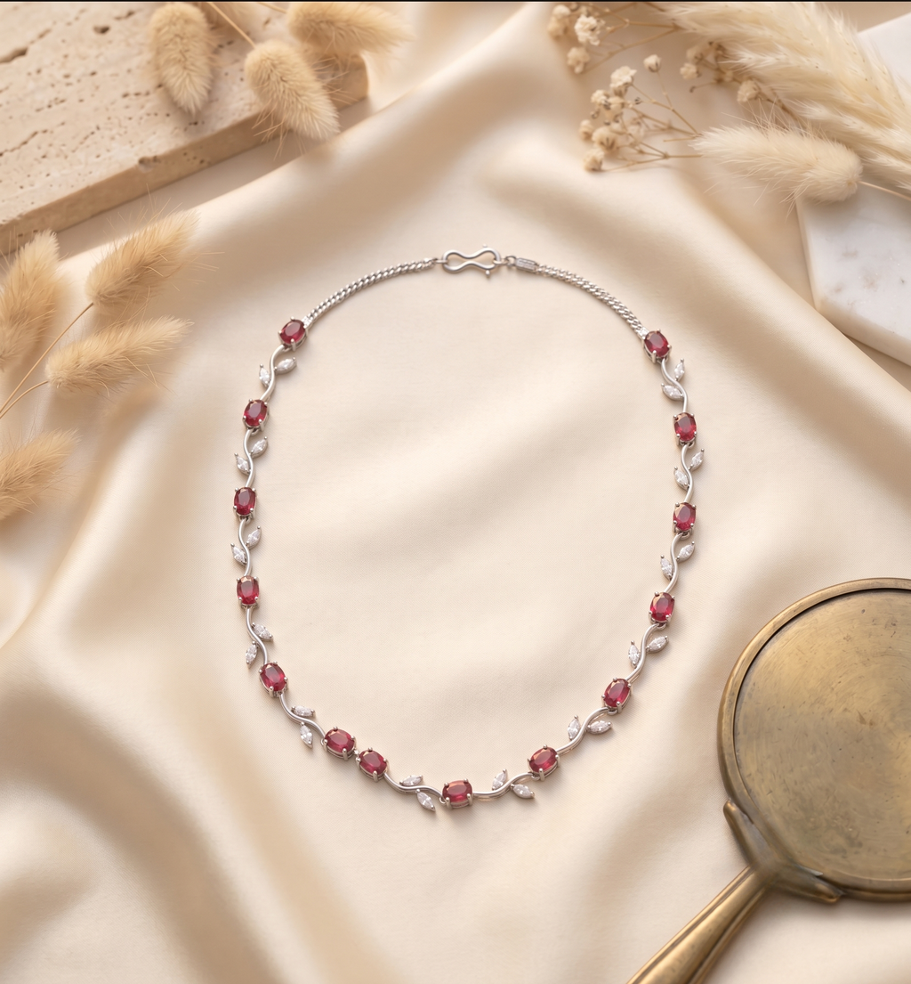 Tulip Pink Stone Silver Necklace & Earring Set