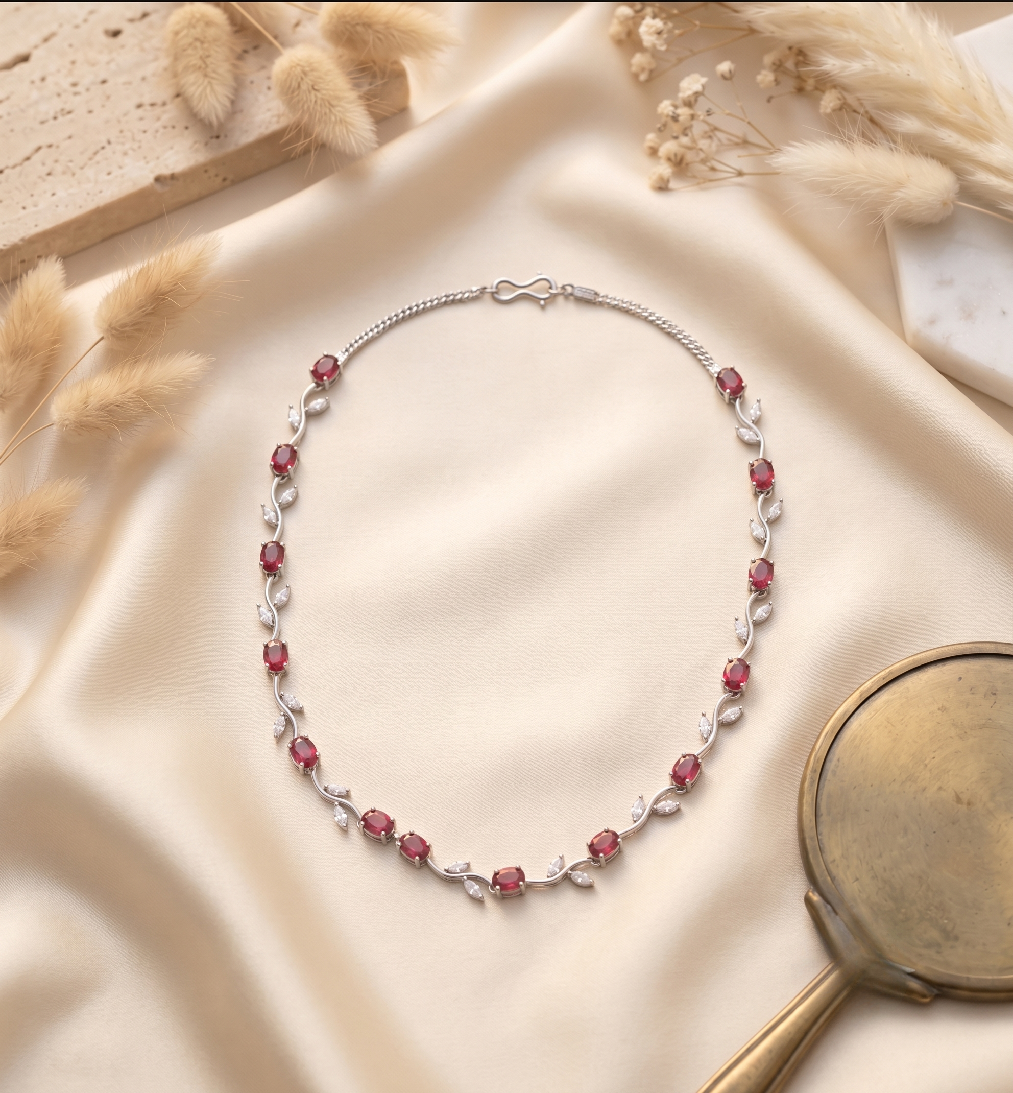 Tulip Pink Stone Silver Necklace & Earring Set