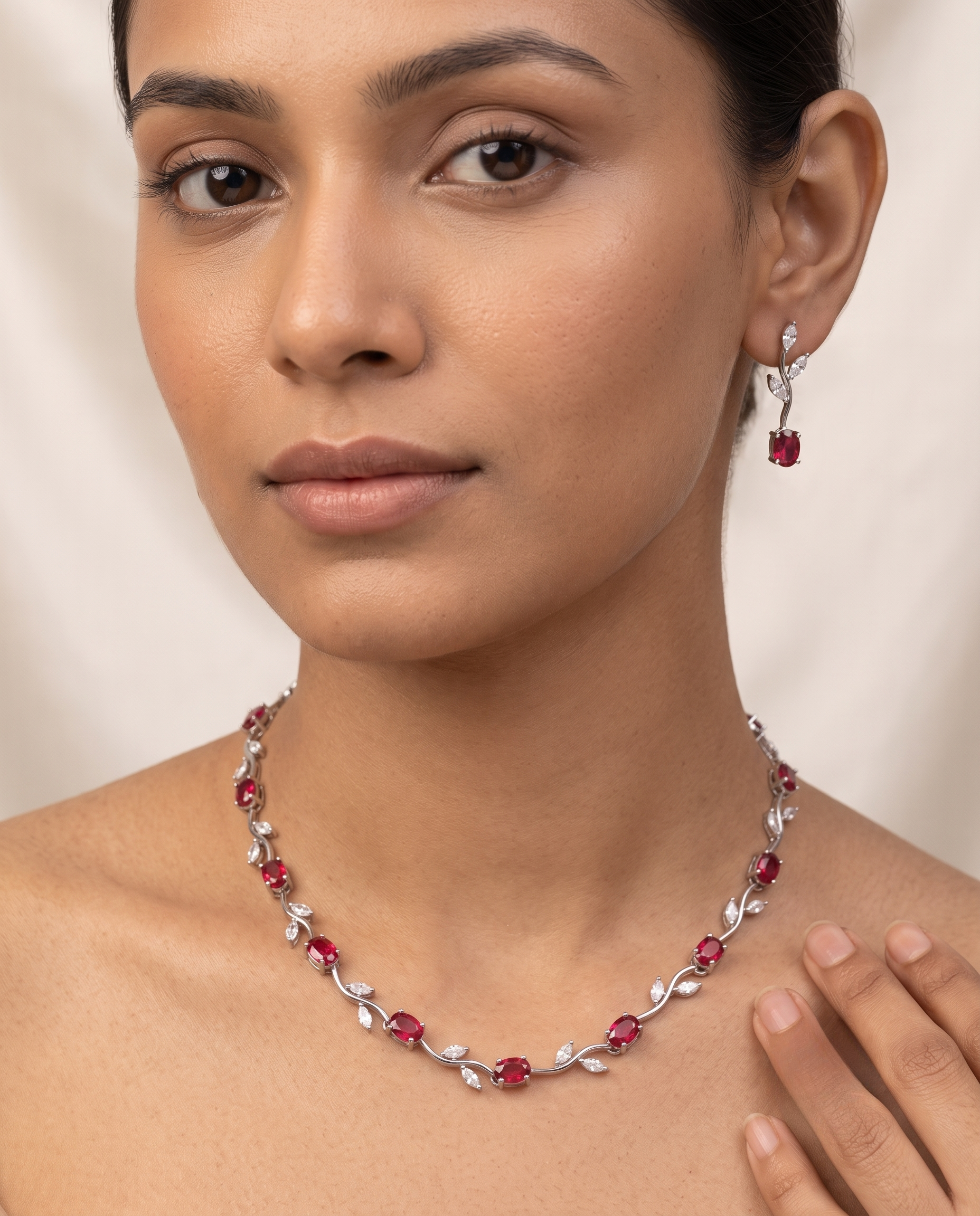 Tulip Pink Stone Silver Necklace & Earring Set