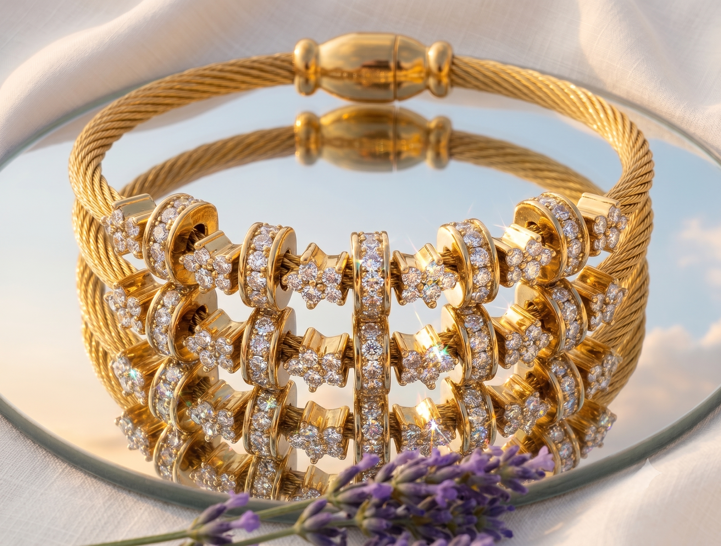 Golden Diamond CZ Cable Cuff Bracelet