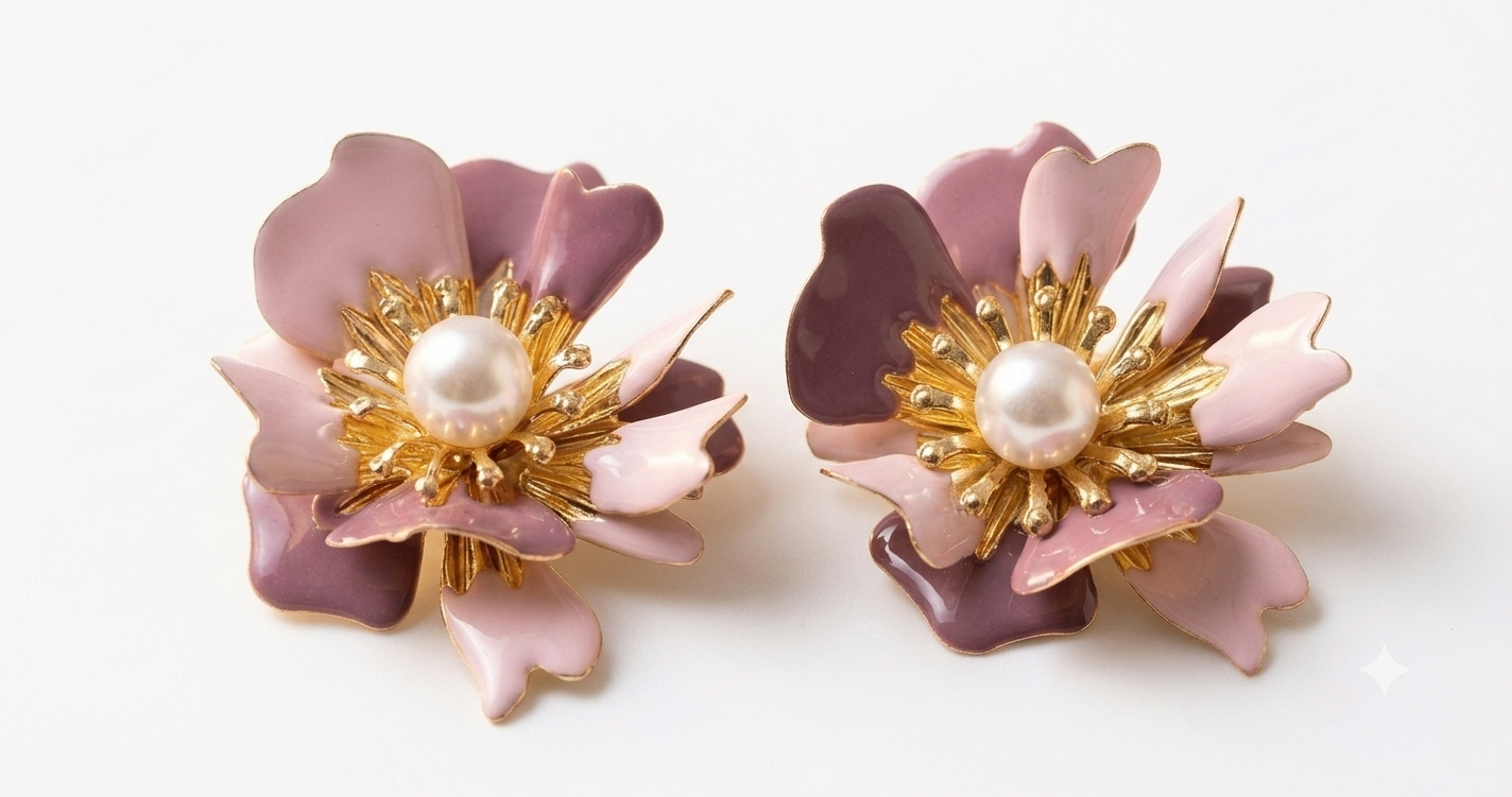 Mauve & Pink Dual Floral Pearl Earrings
