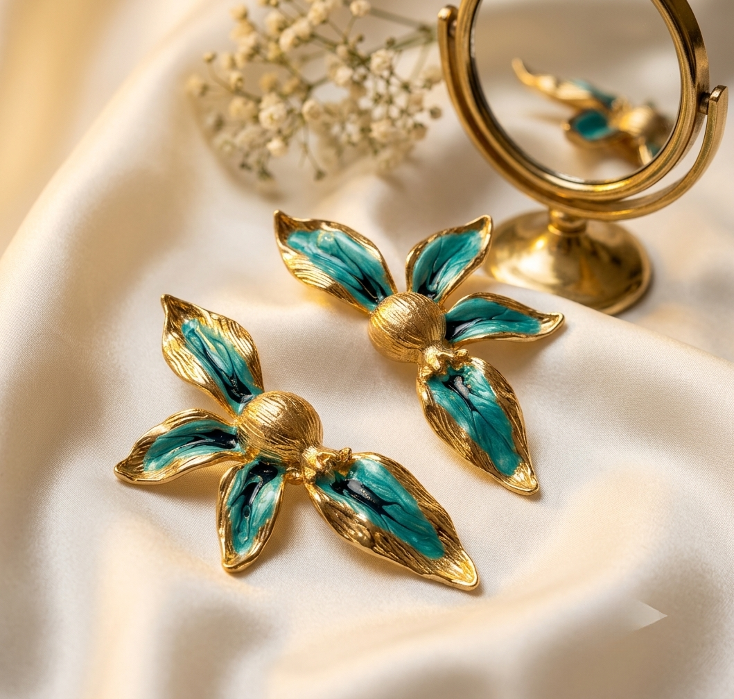 Teal Enamel Floral Statement Earrings