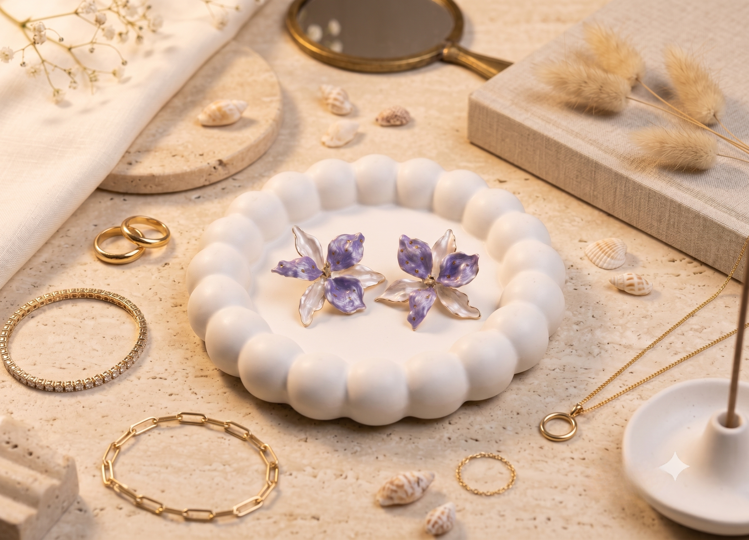 Lavender & White Dual-Tone Enamel Floral Earrings