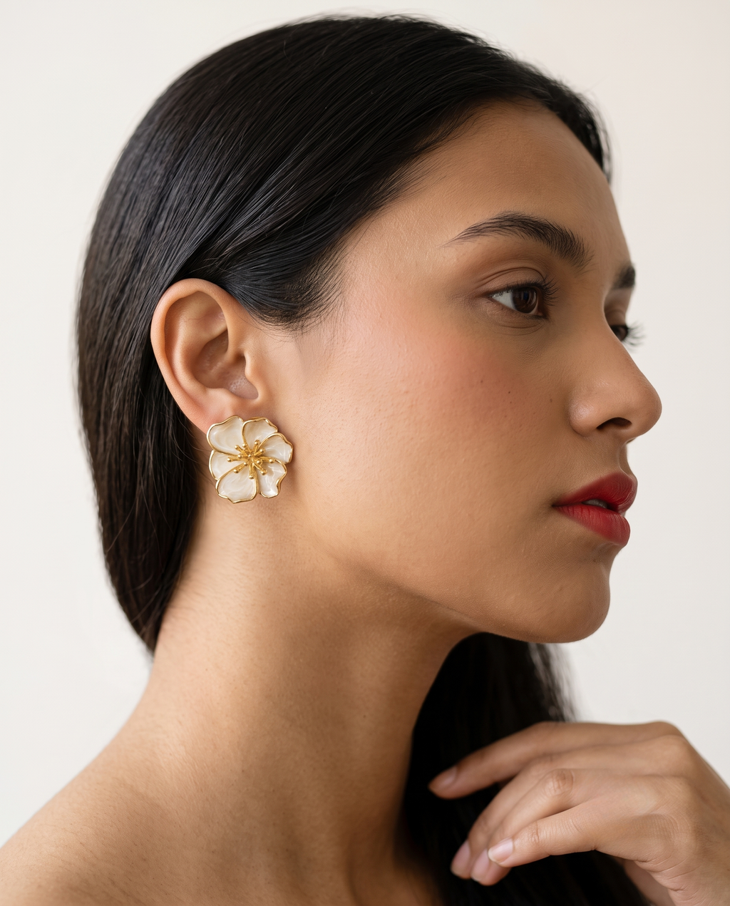 White Glossy Ivory Enamel Floral Earrings
