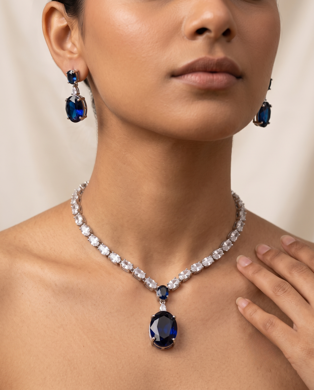 Sapphire Blue Pendant CZ Choker Set
