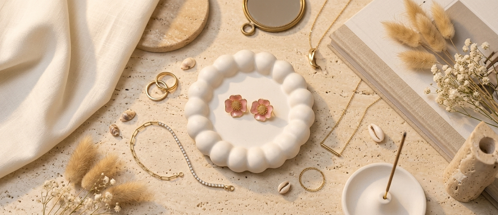 Pink Flower Enamel Stud Earrings