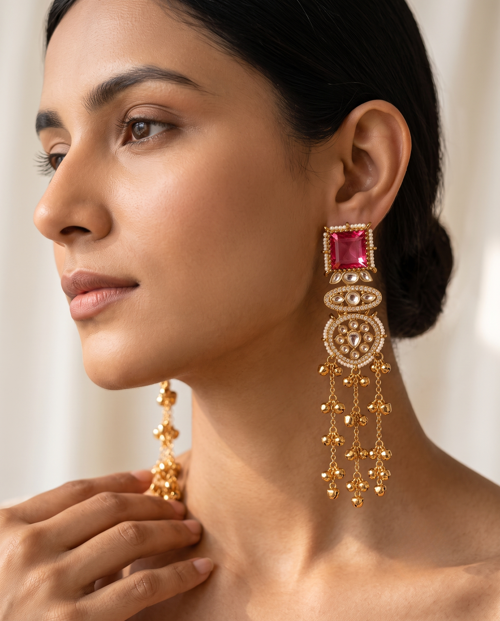 Rose Pink Kundan Long Kashmiri Jhumki