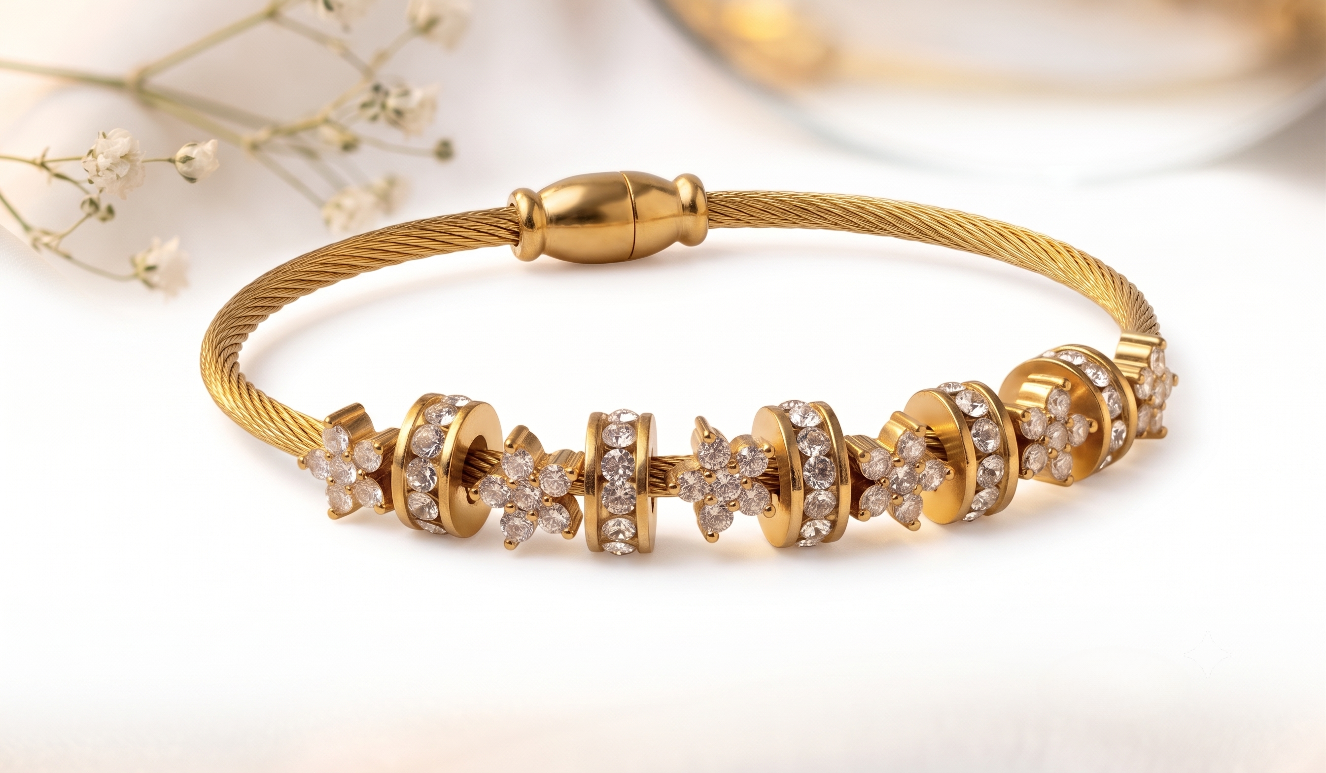Golden Diamond CZ Cable Cuff Bracelet
