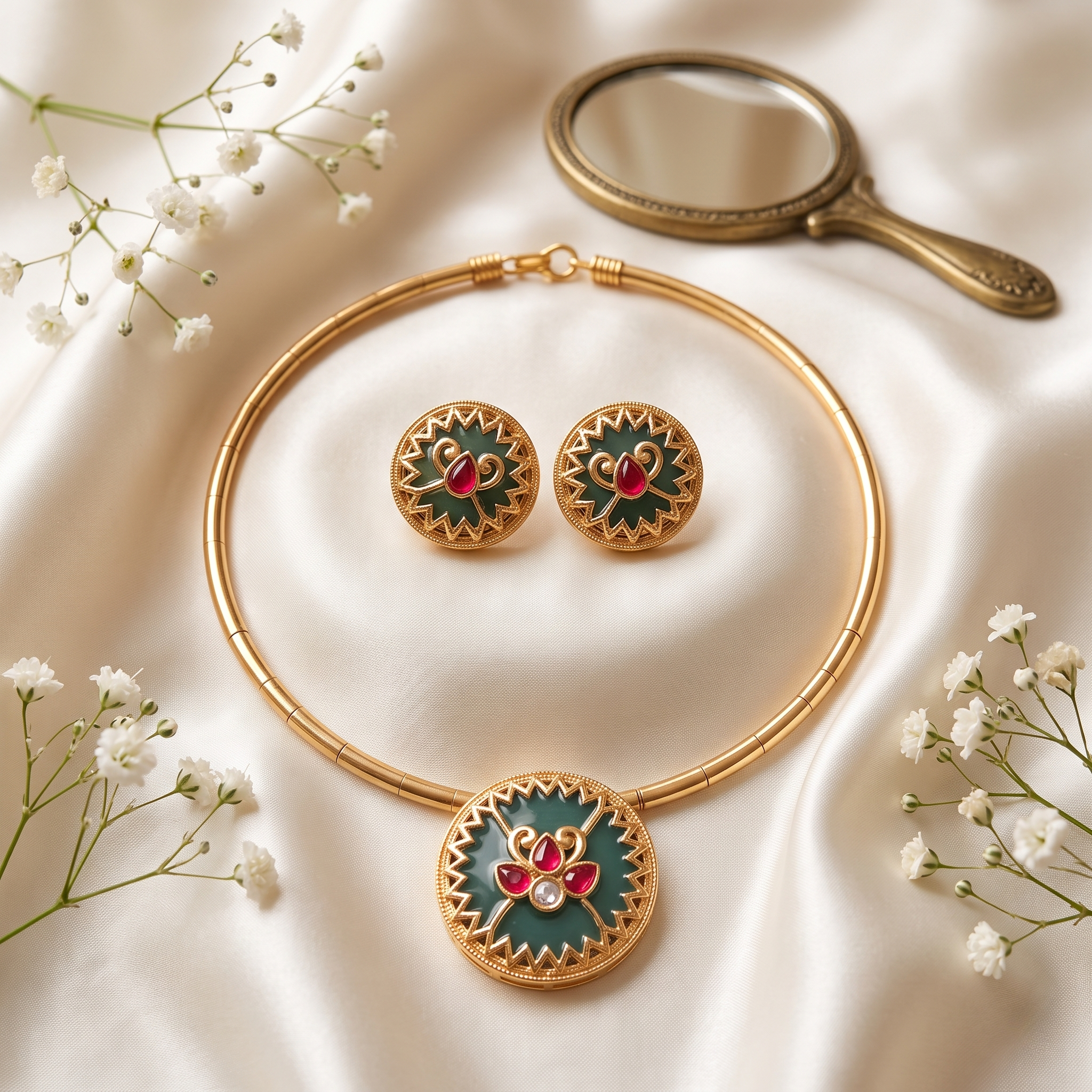 Emerald Lotus Meenakari Hasli & Earring Set