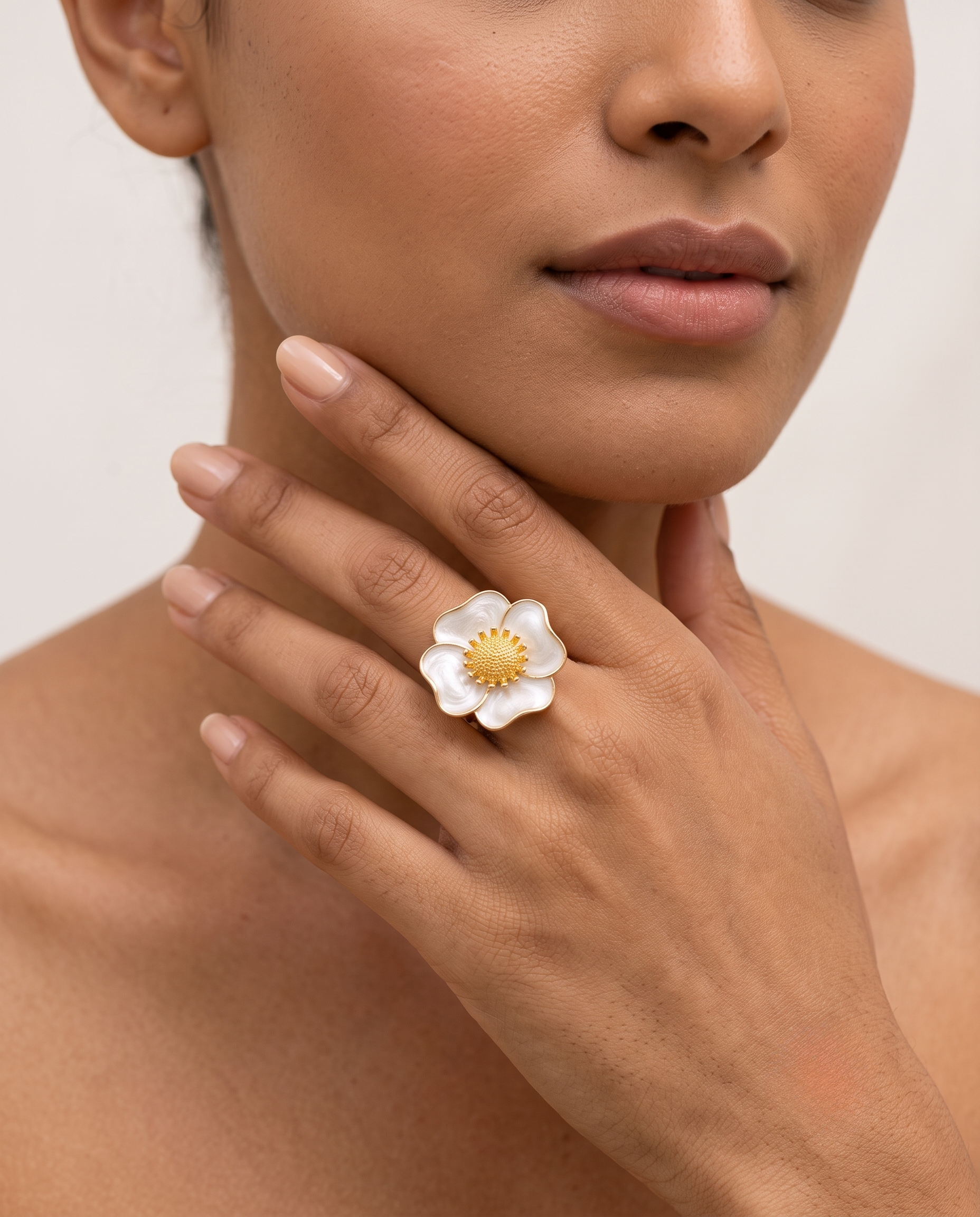 Pearl Blossom Ivory Enamel Floral Ring