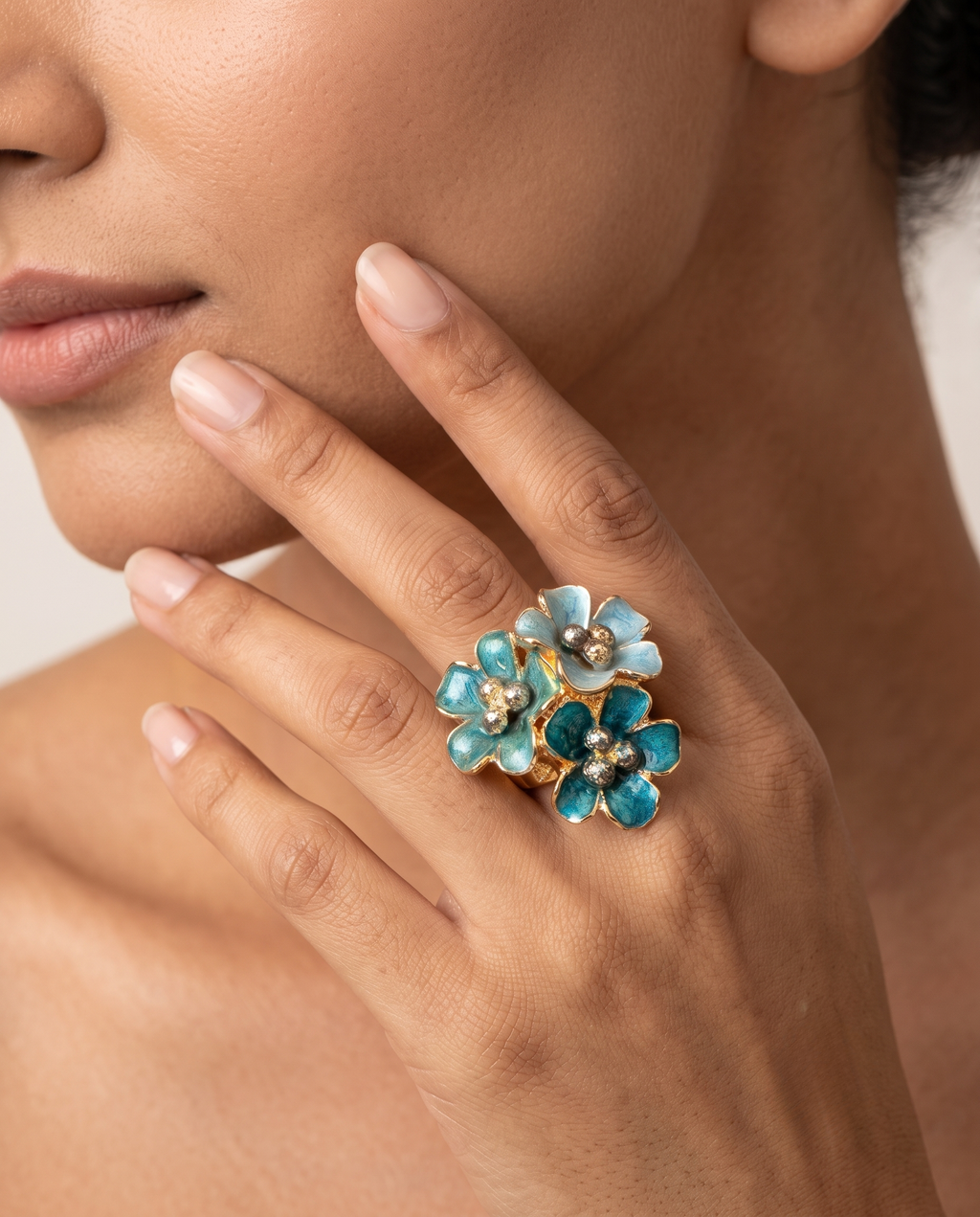 Emerald Bloom Teal Enamel Floral Ring