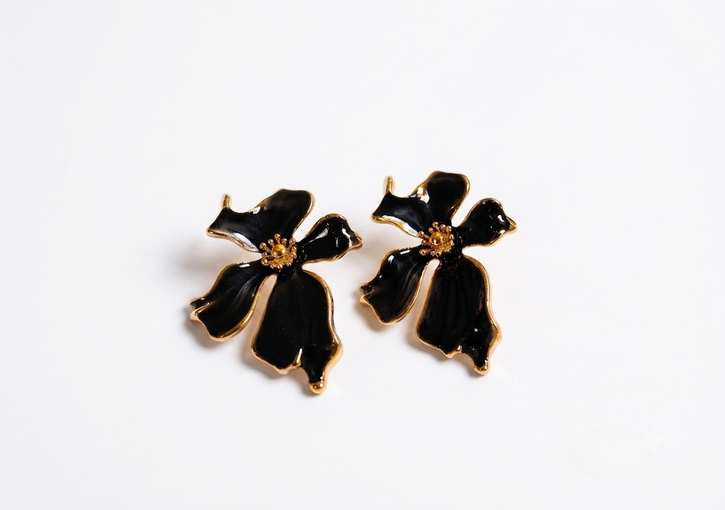 Black Glossy Enamel Floral Statement Earrings