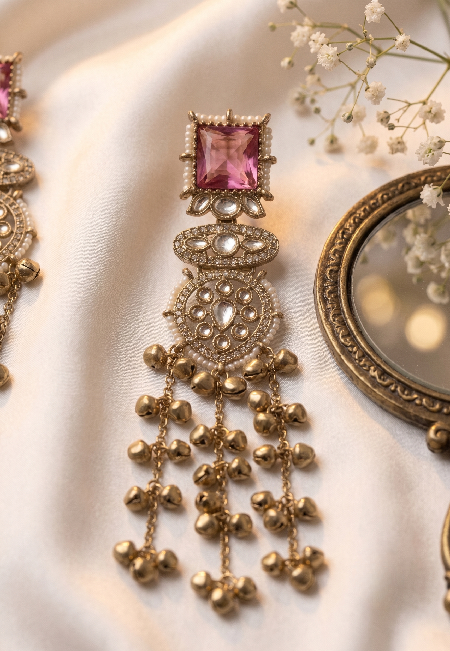 Rose Pink Kundan Long Kashmiri Jhumki
