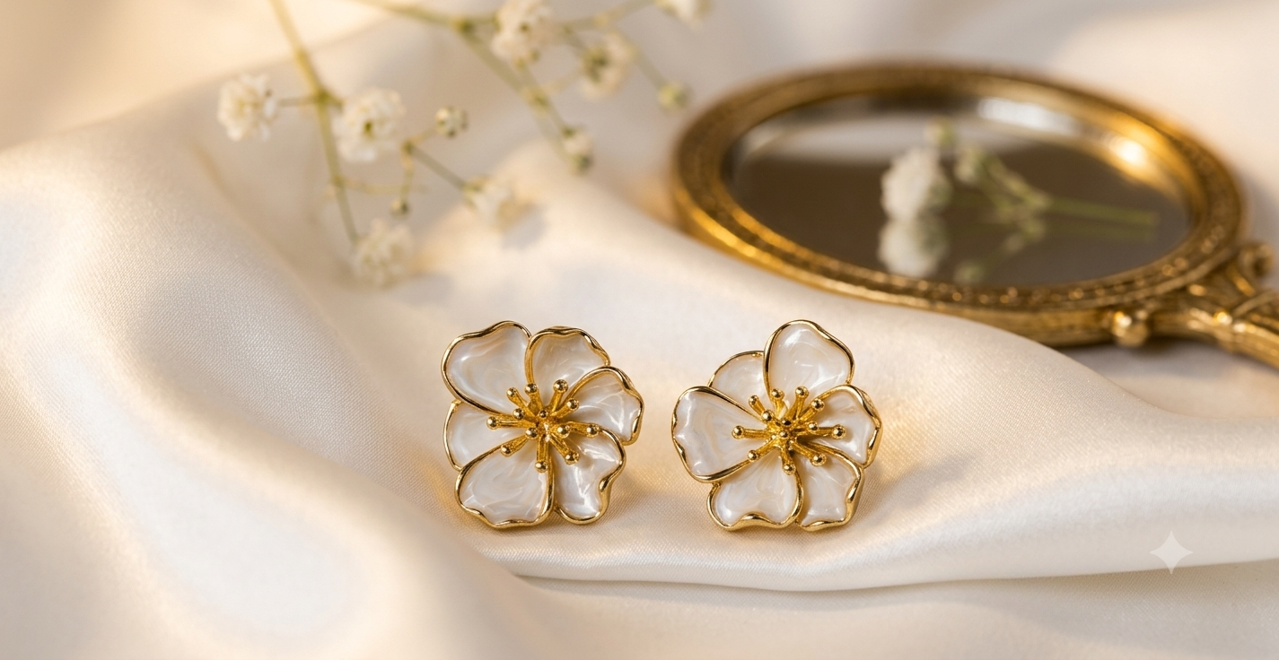 White Glossy Ivory Enamel Floral Earrings
