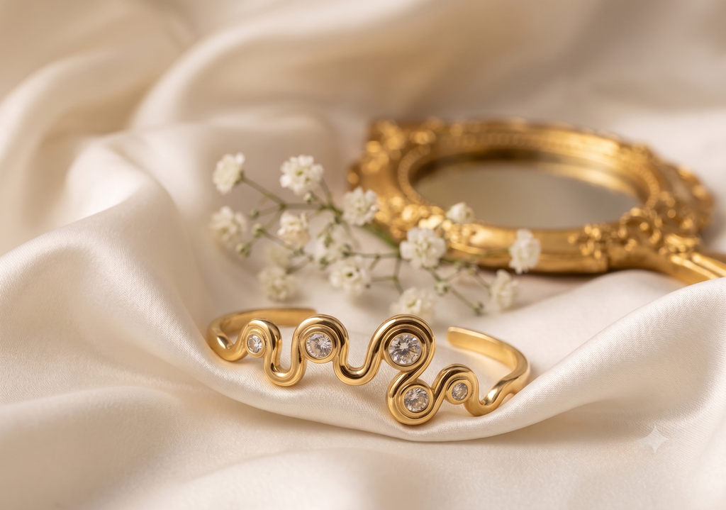 Wavy Diamond CZ Gold Bangle