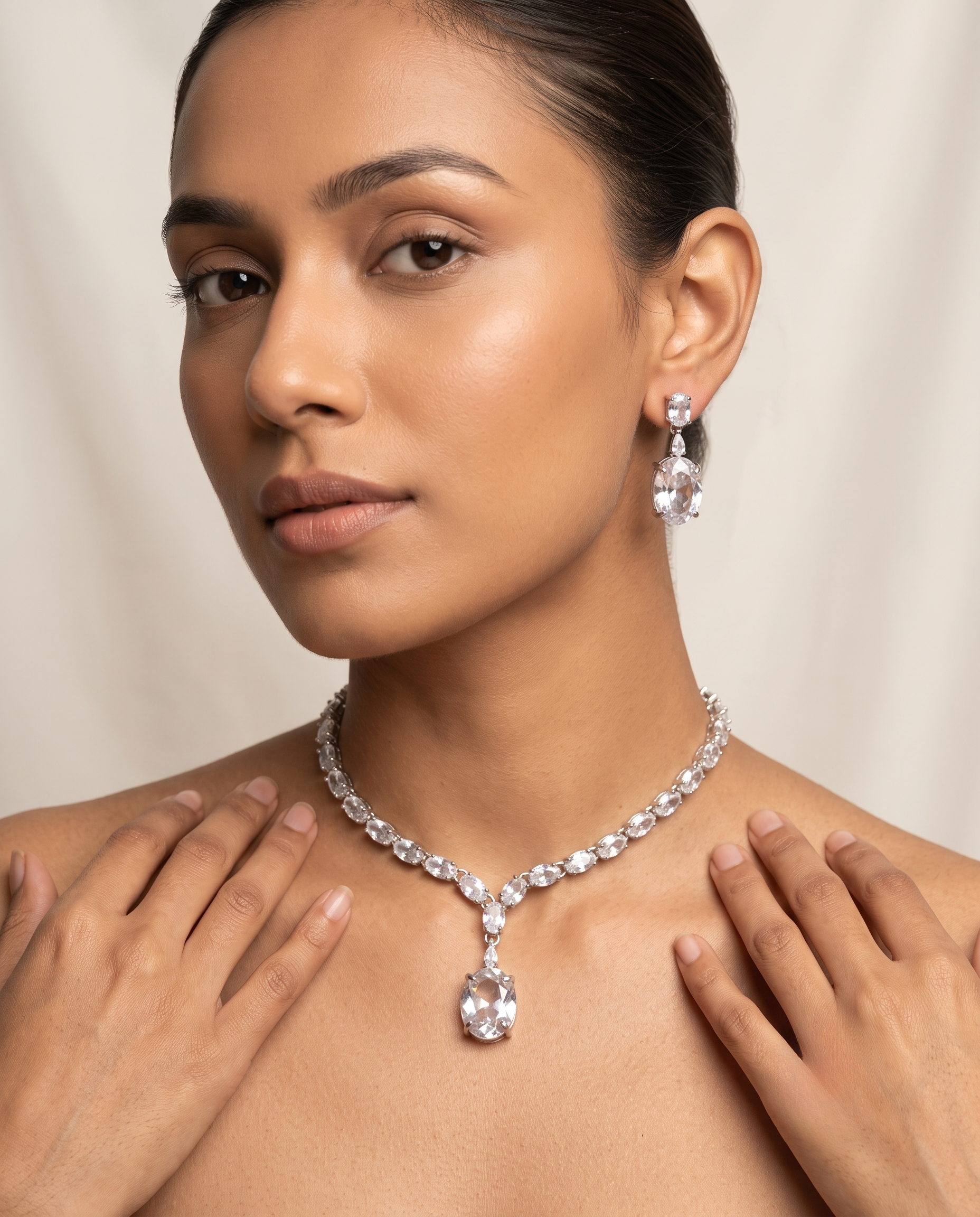 Clear CZ Silver Choker Necklace & Earring Set