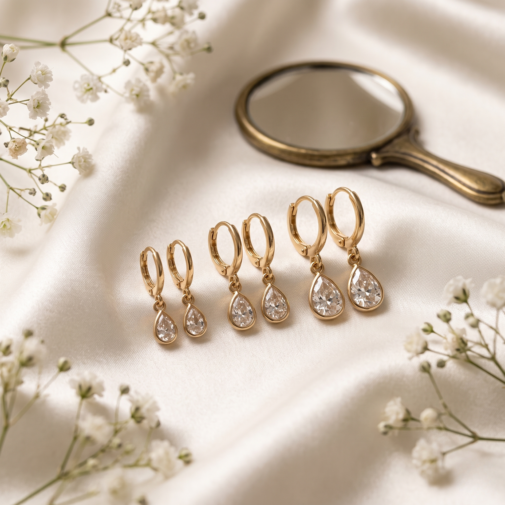 Dewdrop Trio (Teardrop) — Crystal Drop Huggie Hoops · Set of 3