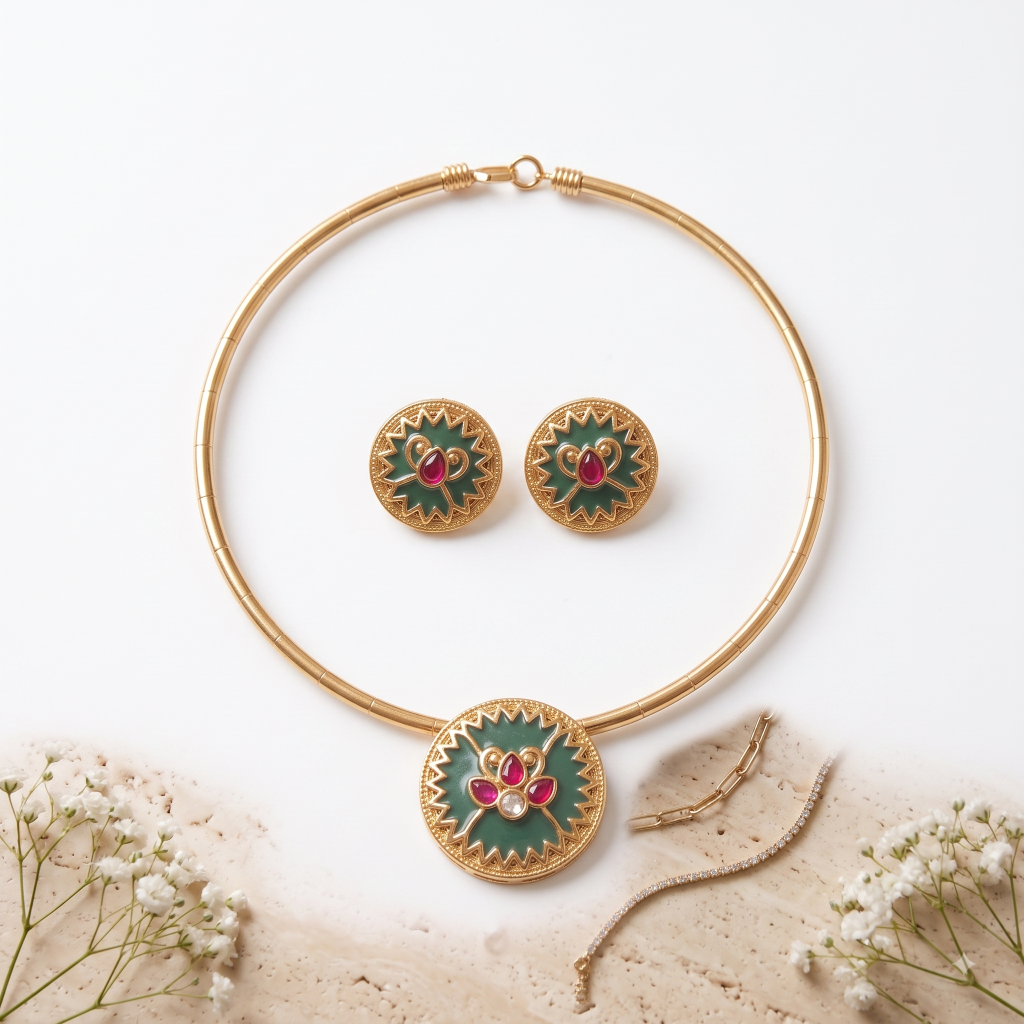Emerald Lotus Meenakari Hasli & Earring Set