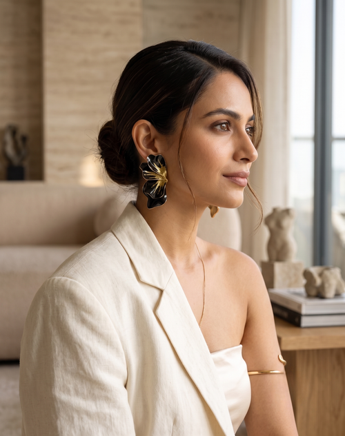 Black Glitter Petal Statement Earrings