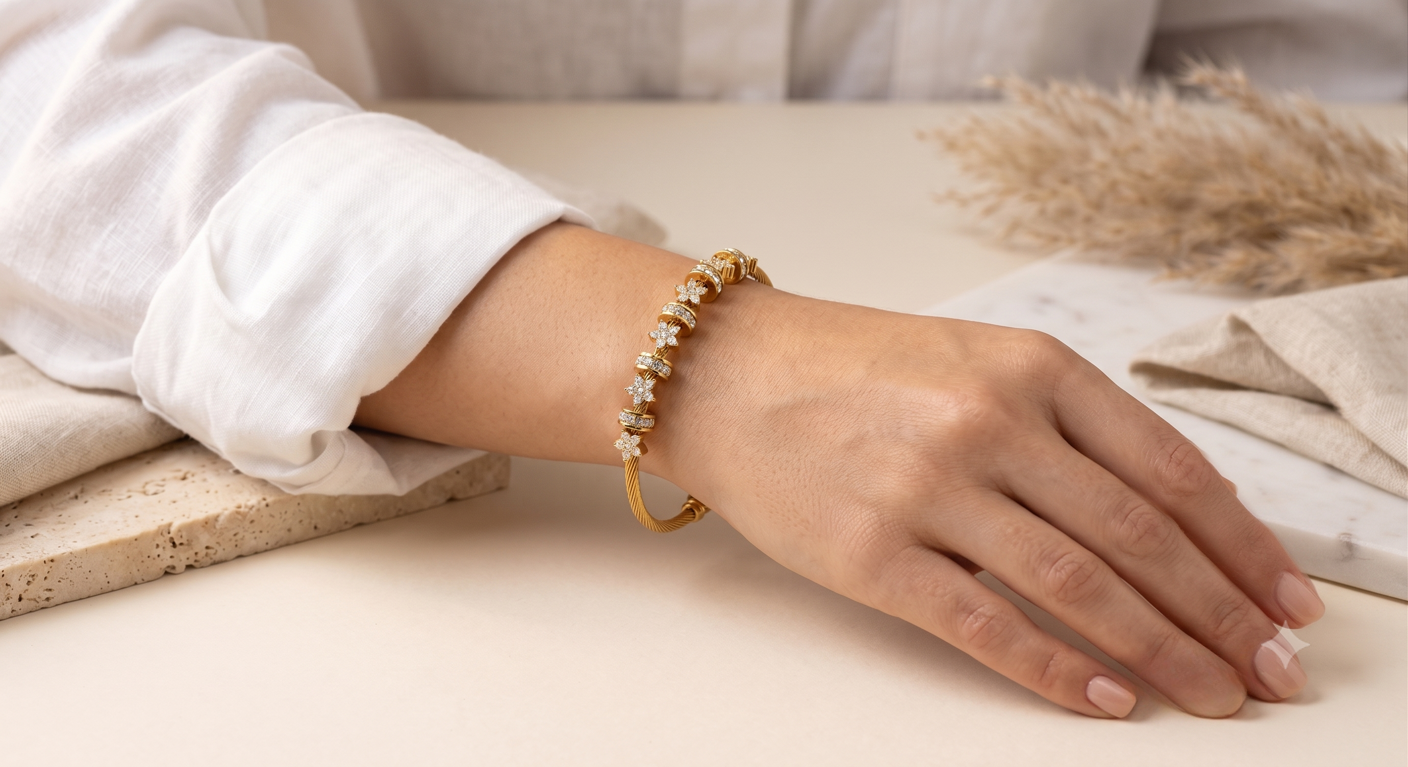 Golden Diamond CZ Cable Cuff Bracelet