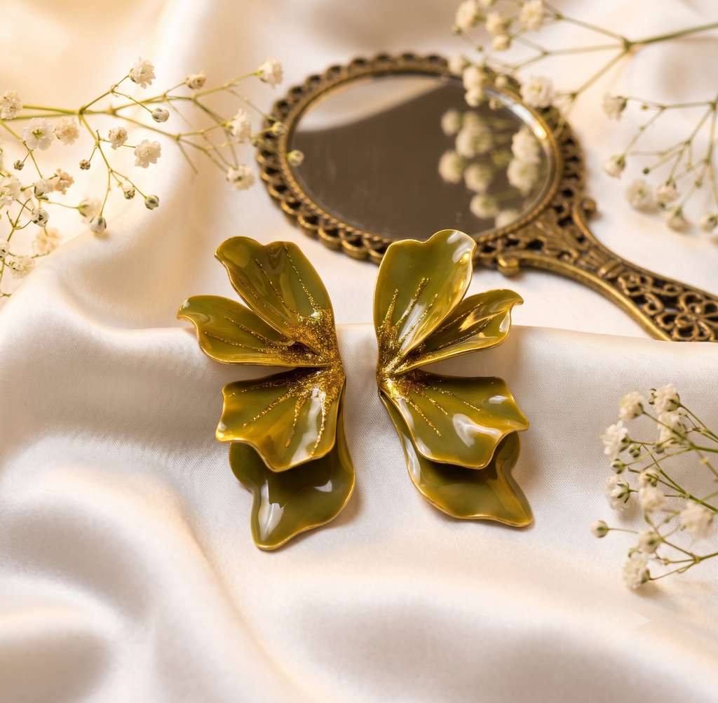 Olive Green Glitter Petal Statement Earrings