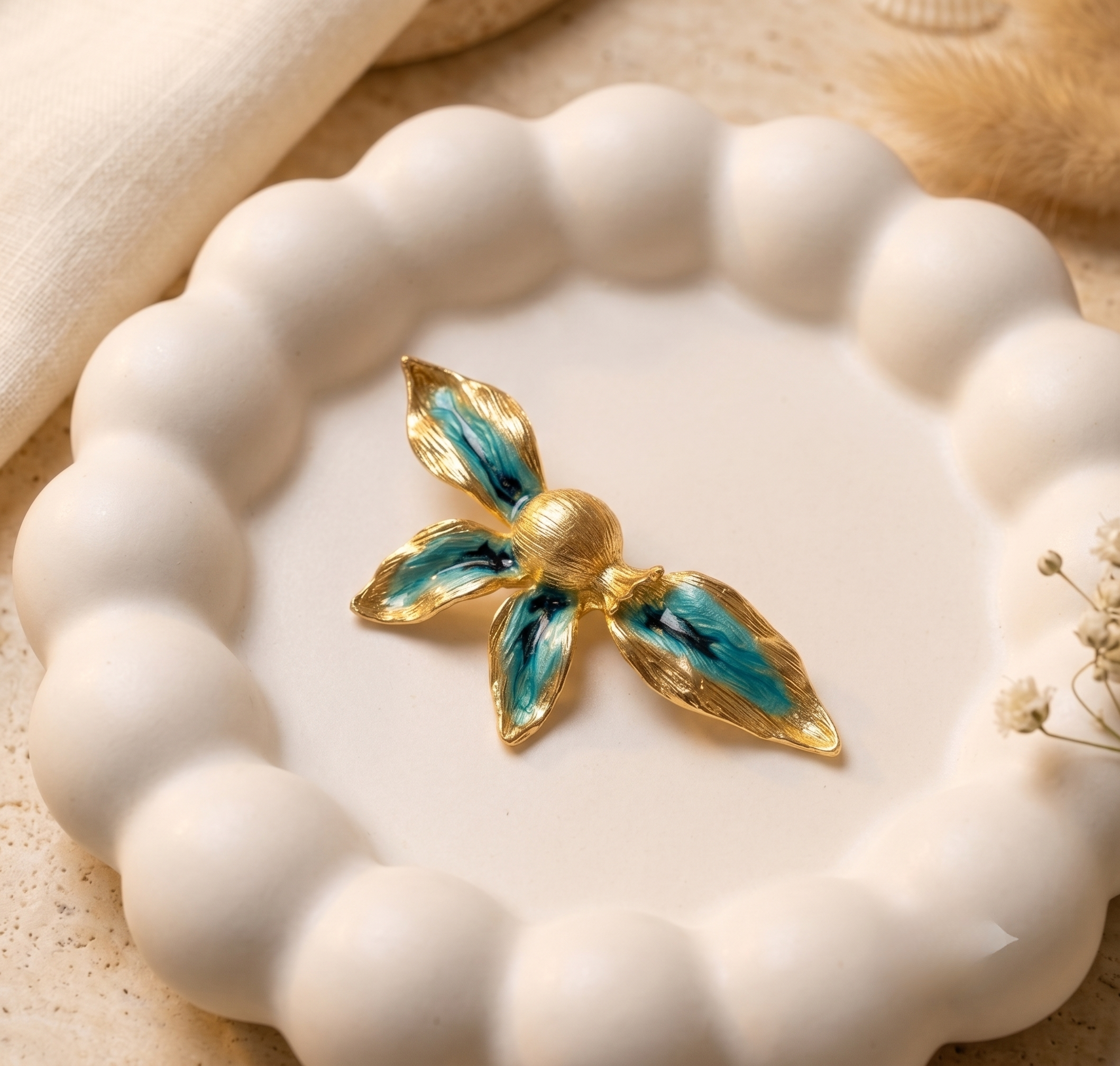 Teal Enamel Floral Statement Earrings