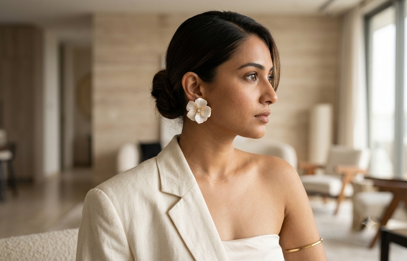 White Pearl Enamel Floral Statement Earrings