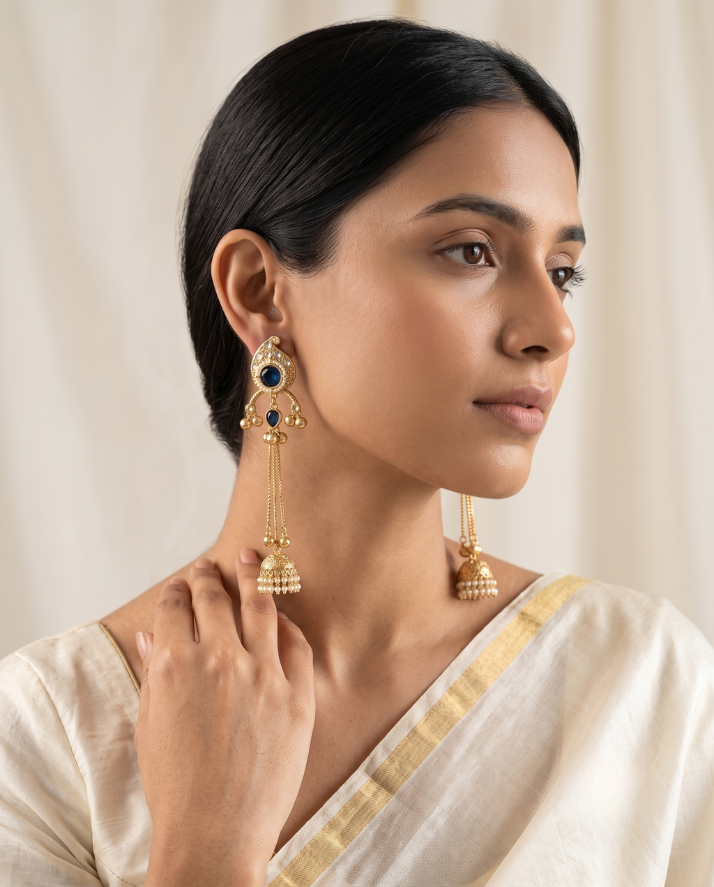 Navy Blue Kundan Long Gold-tone Jhumki