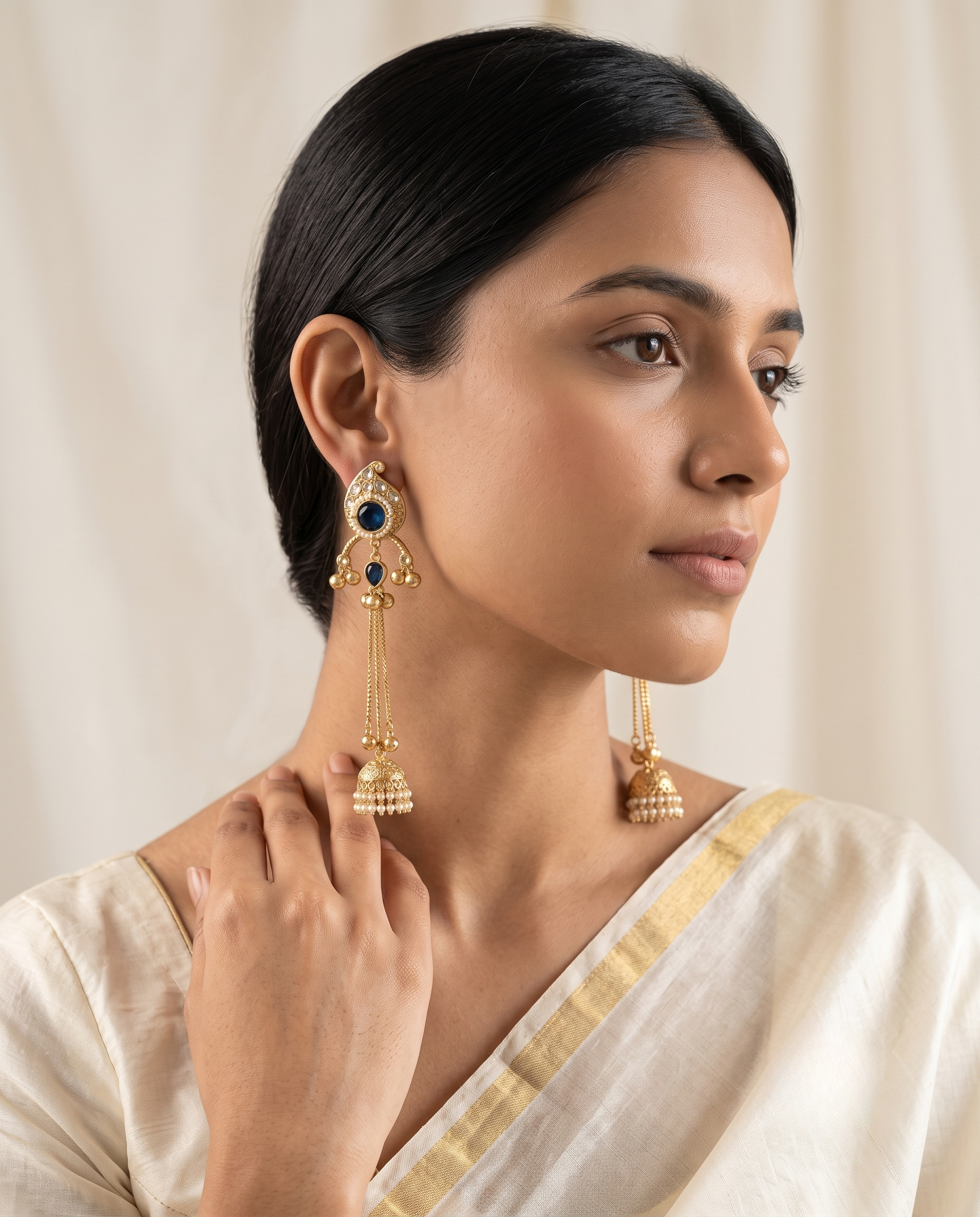 Navy Blue Kundan Long Gold-tone Jhumki