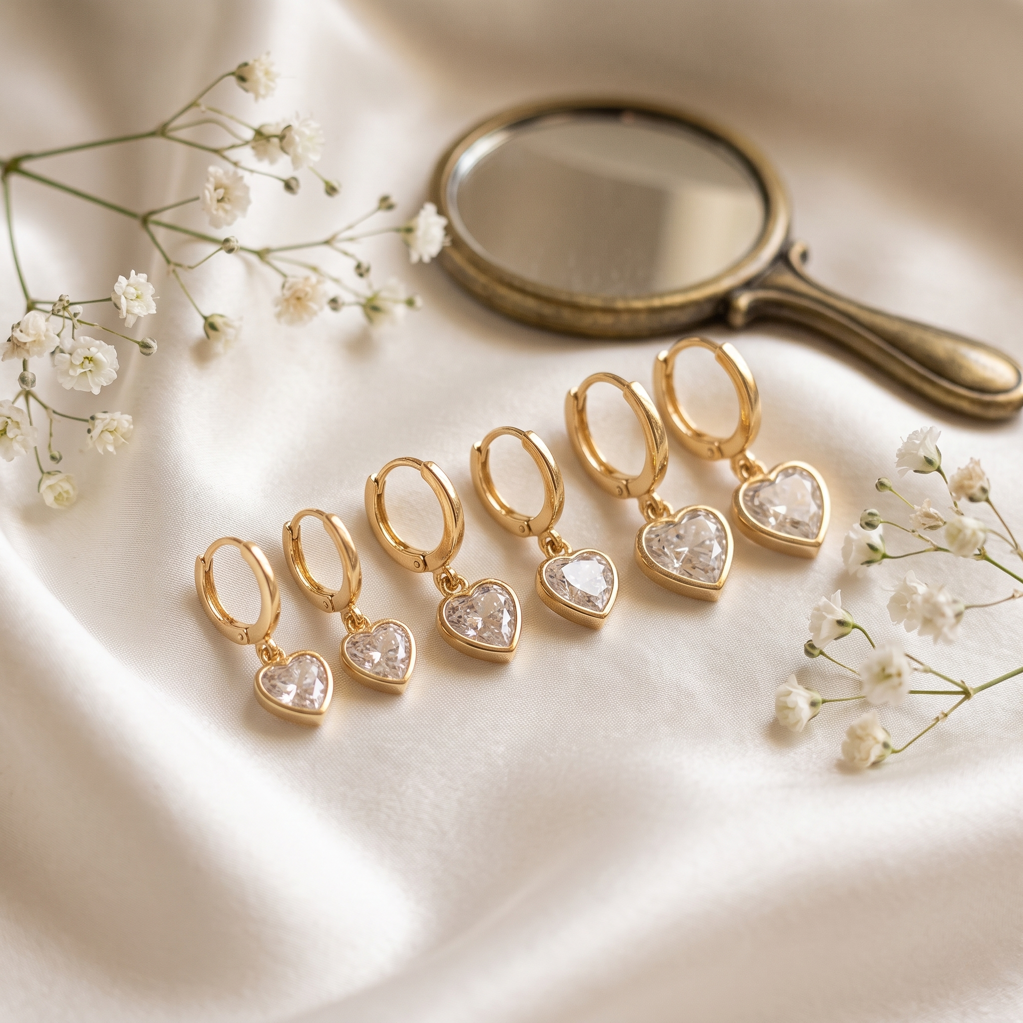Dewdrop Trio (Heart) — Crystal Drop Huggie Hoops · Set of 3