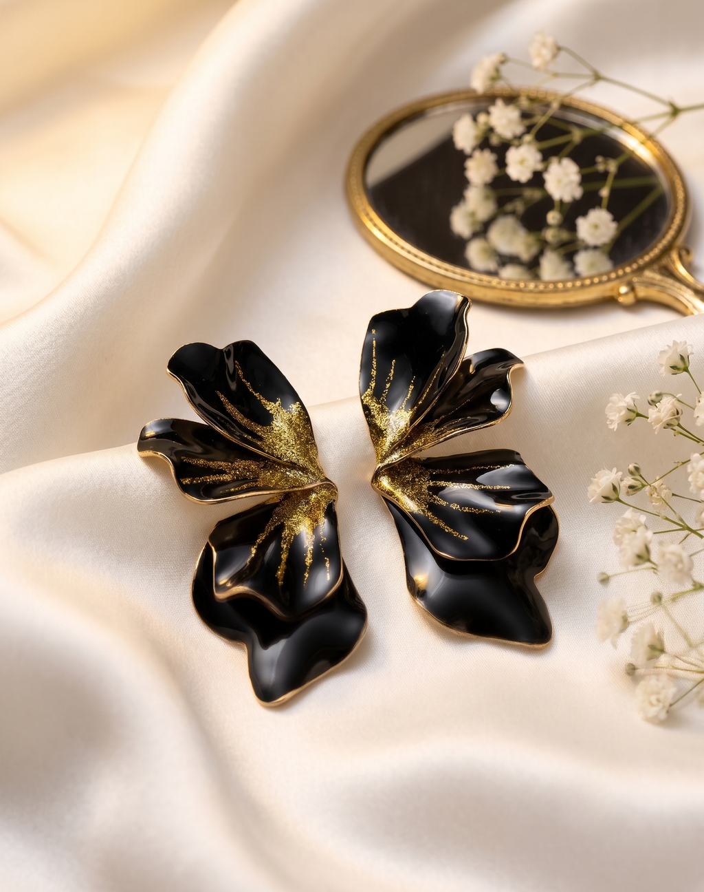 Black Glitter Petal Statement Earrings